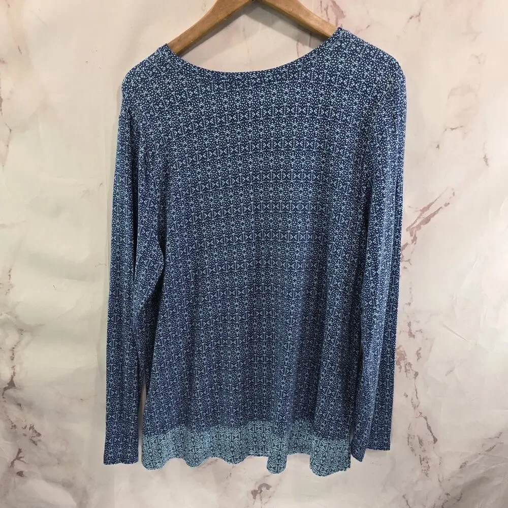 J Jill Shirt Womens Large Blue Long Sleeve Wearever Navy Geometric
